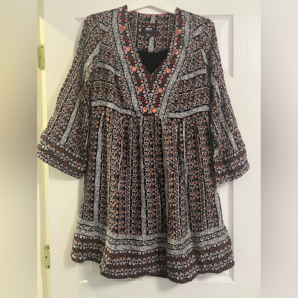 Maeve Boho Black Tunic Dress with Coral and Cream Floral Print